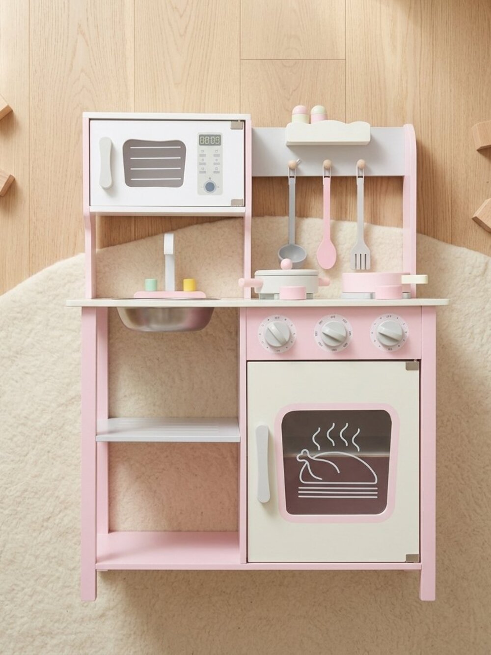 Kids Wooden Play Kitchen Set, Pink Pretend Cooking Toy with Accessories - Picture 2 of 16